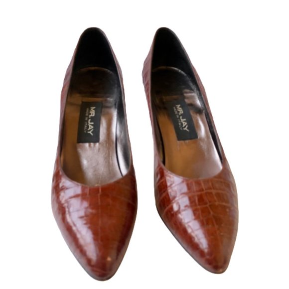 Mr. Jay Vintage 80's Italian Brown Croc Print Leather Pump Pointed Toe - Picture 10 of 16